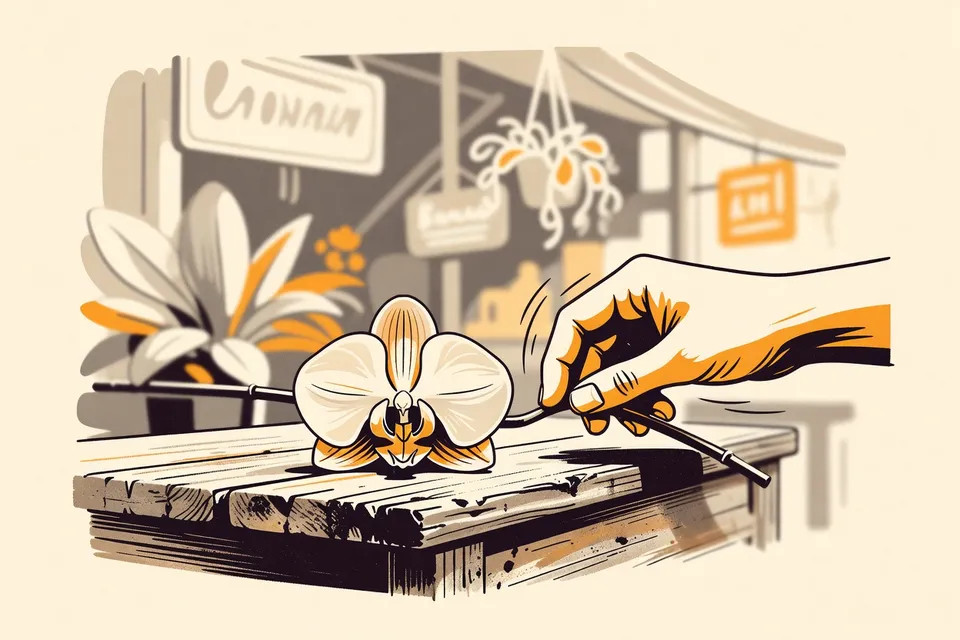 Close-up of an orchid on a wooden market stall, with blurred background of old market signs and hanging plants, and a hand adjusting the stem.