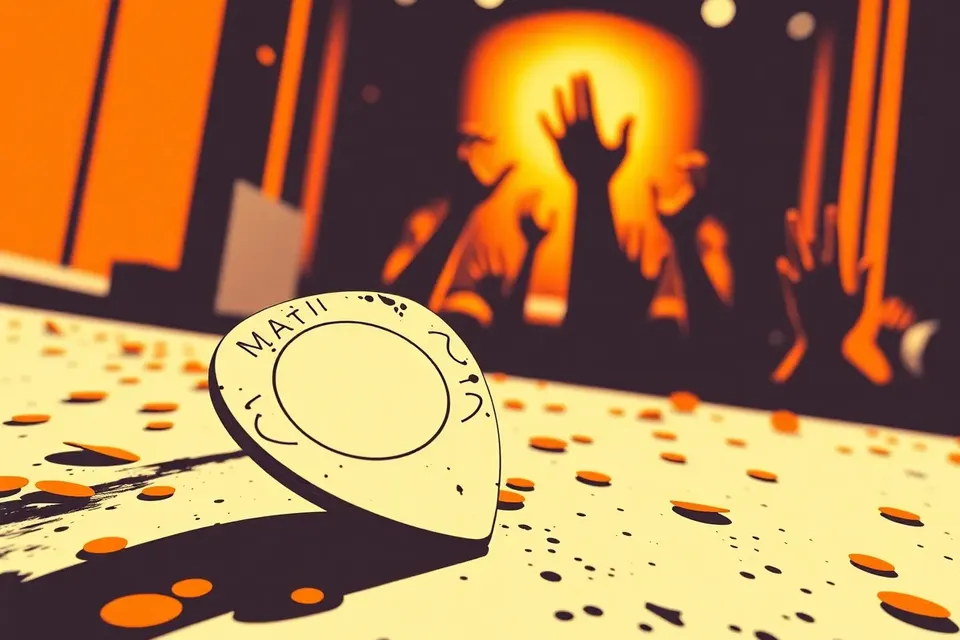 Close-up of a guitar pick with a monster sticker on a confetti-covered floor, with blurred hands reaching toward a stage light in the background.