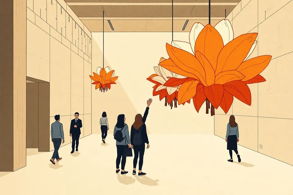 A spacious, industrial-chic gallery interior with high ceilings and concrete walls. Oversized paper flowers hang at various heights, some wilted, some in full bloom. A few small figures stand among them, one reaching toward a flower.