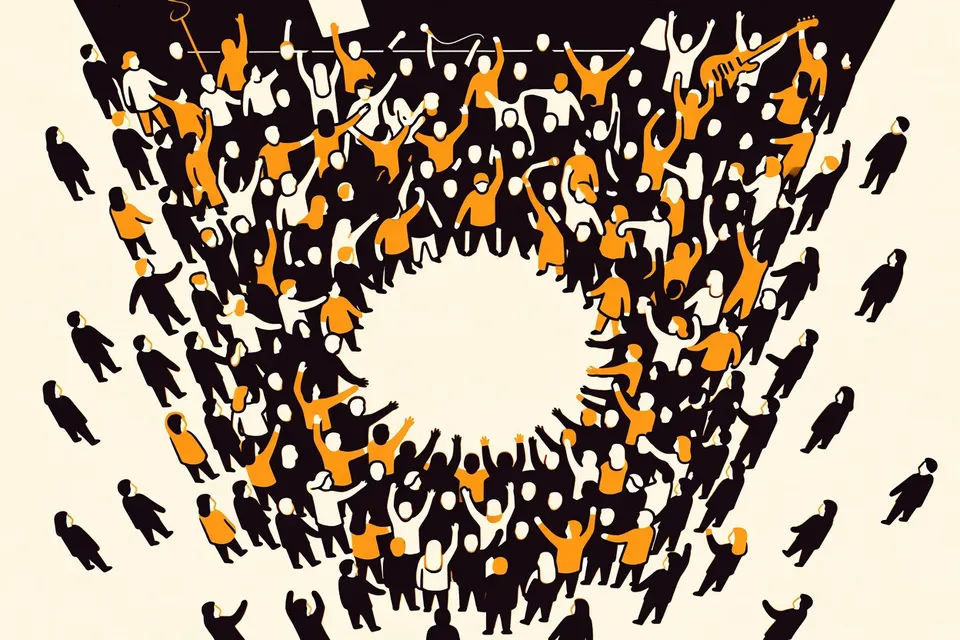 Overhead view of a mosh pit at a punk concert, with figures reaching toward the center and a guitar visible.