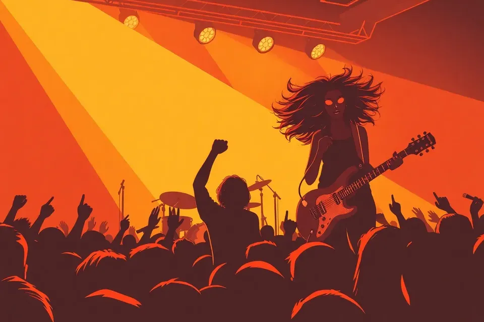 A dark, crowded live music venue. A silhouetted fan raises a fist toward a brightly lit stage where a female guitarist plays, her hair flying. The scene is intense and energetic, with a low ceiling and packed audience.