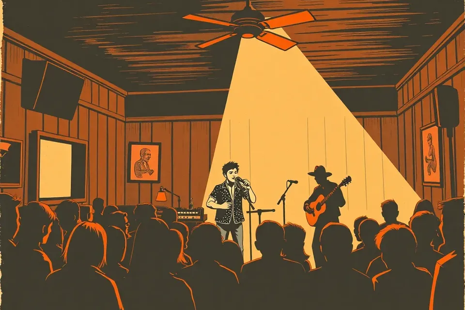 A dimly lit bar with a small audience watching a live lukthung band on stage, featuring a singer, guitarist, and fiddler, with a ceiling fan and wooden interior.