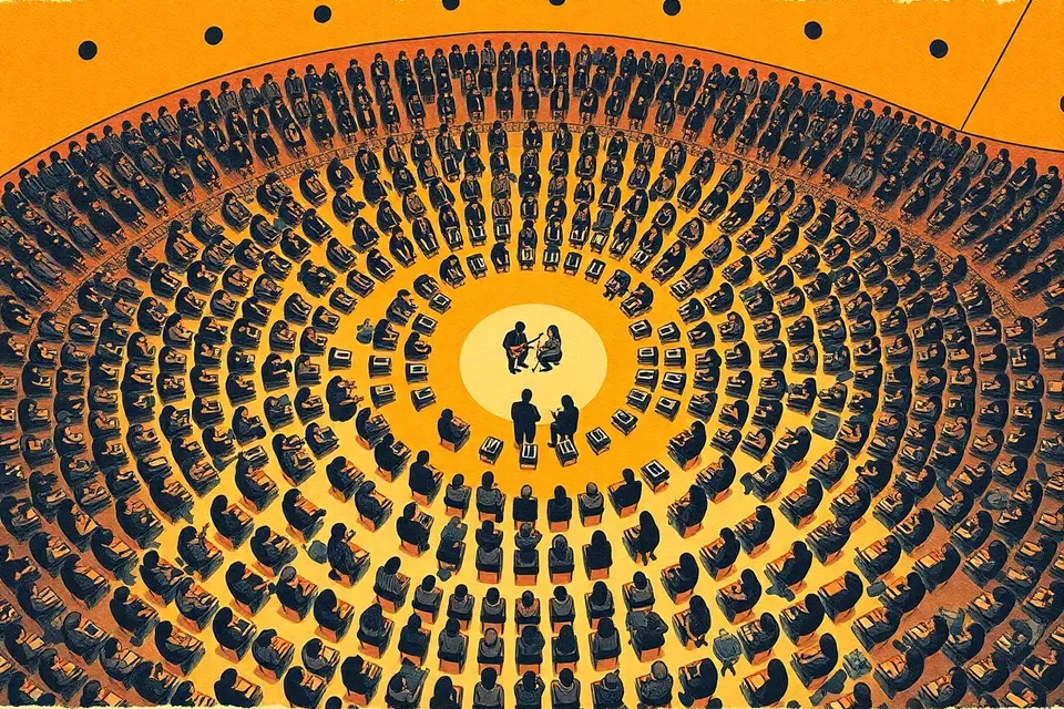 An overhead illustration of a concert hall filled with seated audience members arranged in neat rows, with two small musicians in the center surrounded by concentric rings of sound, creating a calm, patterned scene.