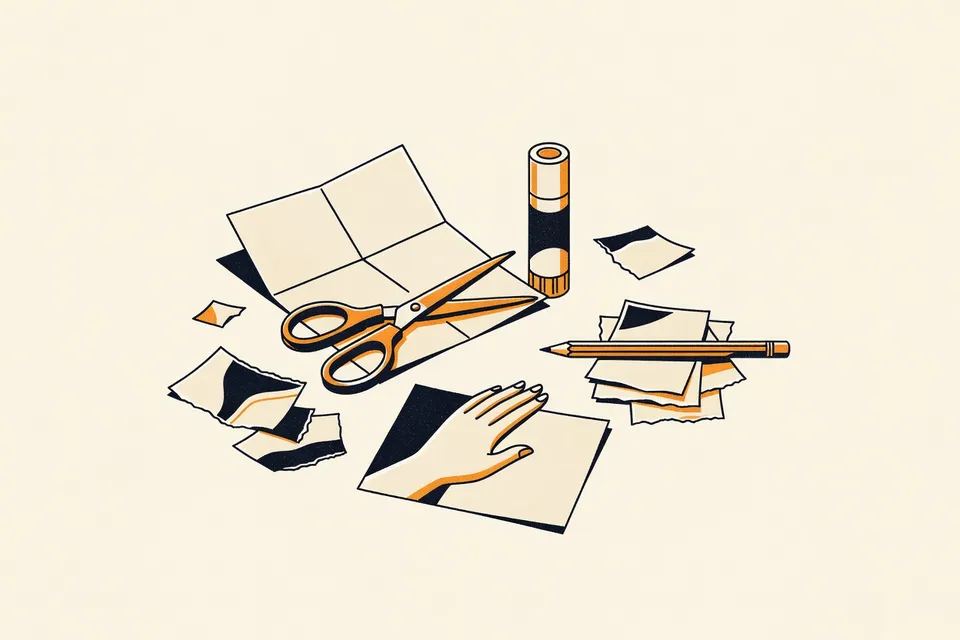 A still life of zine-making tools: scissors, glue stick, pencil, and magazine clippings on a folded paper, with a collage fragment of a hand reaching into empty space.