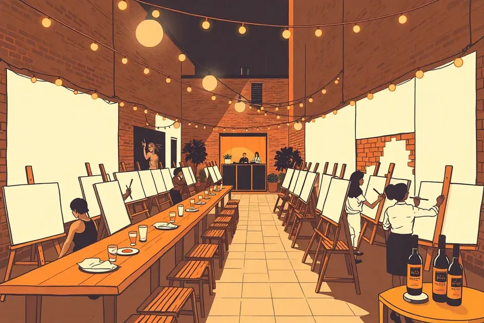 An evening dine and paint event in a Bangkok courtyard, with people painting at tables under warm string lights, a DJ booth in the background, and wine bottles on a side table.