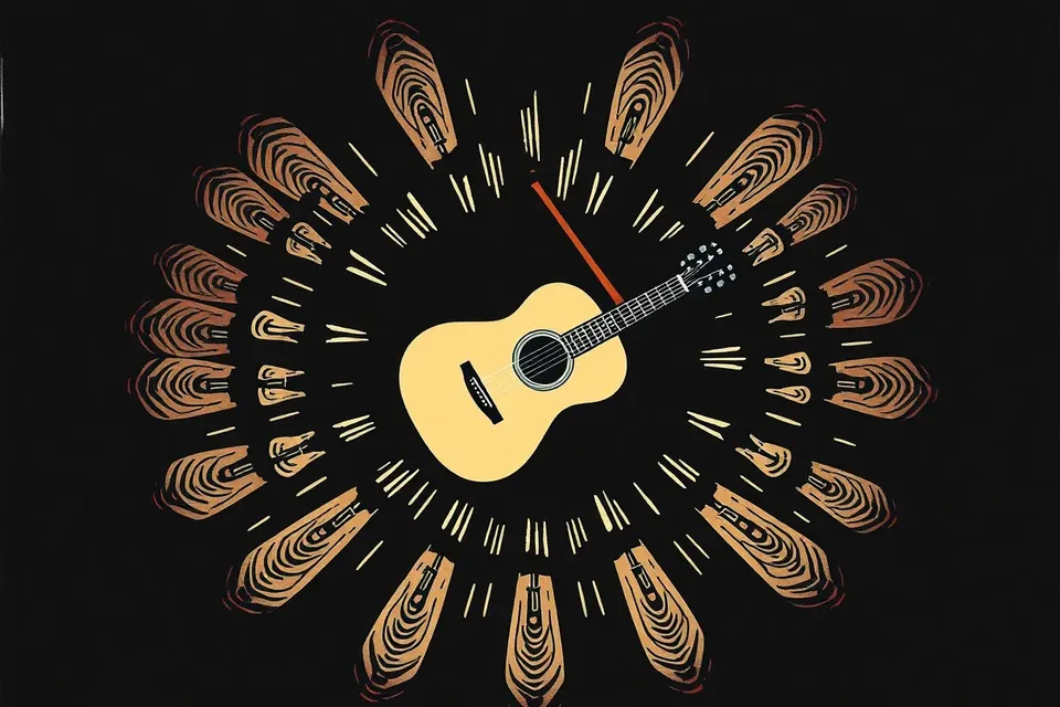 Overhead view of a lone acoustic guitar on a dark stage, surrounded by concentric sound wave ripples and small tap marks, evoking a rhythmic solo performance.