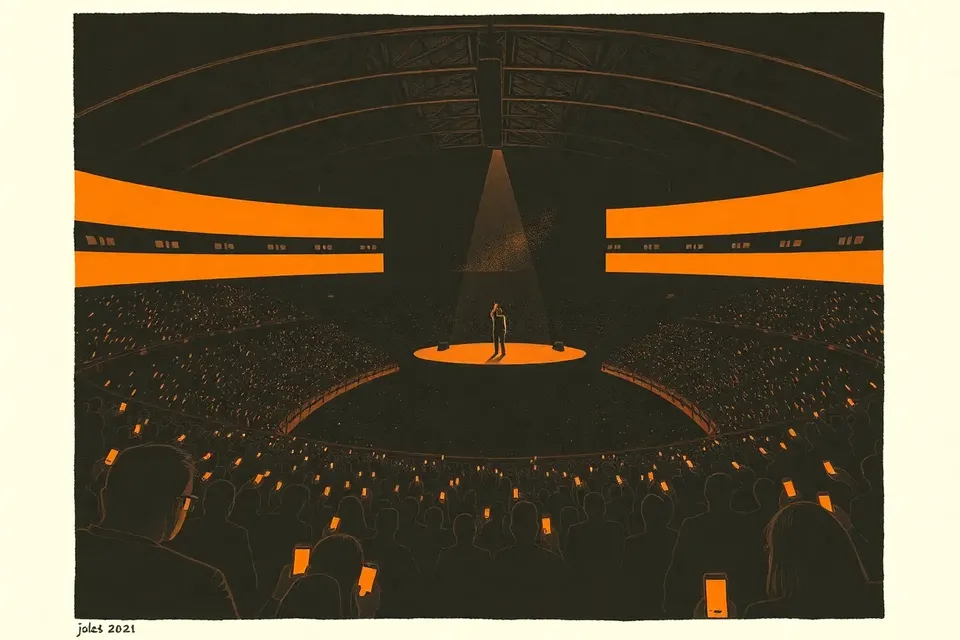 A wide view of a dark indoor arena filled with a large crowd, their phone lights glowing like stars. A single figure stands on a distant stage under a spotlight, with haze and dramatic lighting.