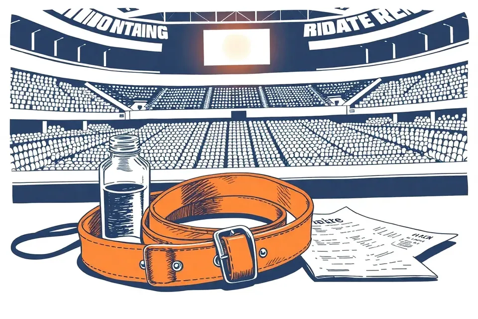 A still life of a coiled guitar strap, water bottle, and crumpled setlist on a table, with a dimly lit arena in the background.