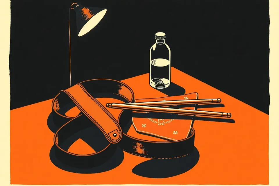 A still life arrangement on a backstage table: a coiled leather guitar strap, a half-empty water bottle, and drumsticks on a folded bandana, with a single stage light casting shadows.