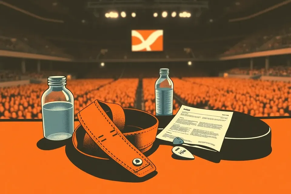 A still life arrangement on a backstage table: a leather guitar strap, a water bottle, a crumpled setlist with a heart, and a guitar pick, with a dark, empty arena in the background.