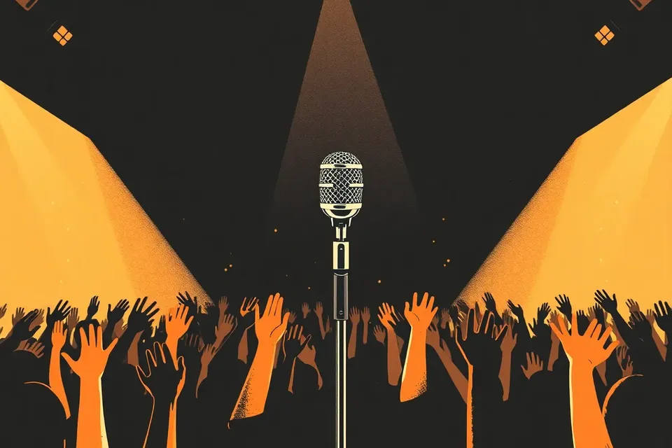 A close-up of a microphone on a stand, illuminated by a spotlight, with a dark arena and a crowd of raised hands with phone lights in the background.