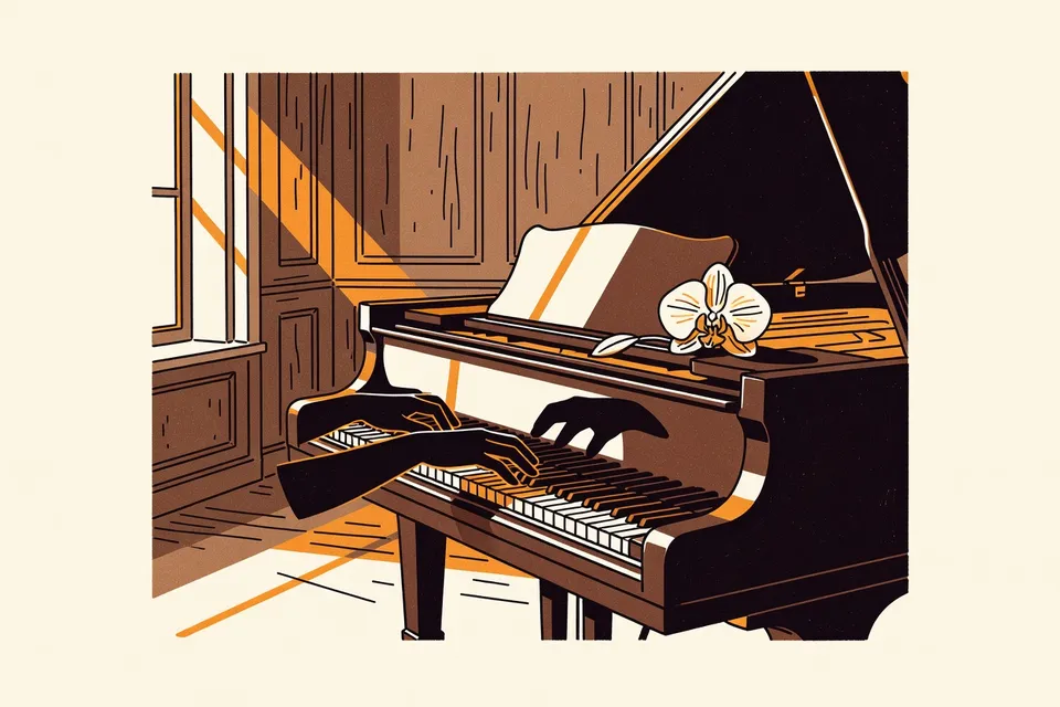 A pianist's hands suspended above piano keys in a sunlit wood-paneled room, with an orchid on the piano lid.