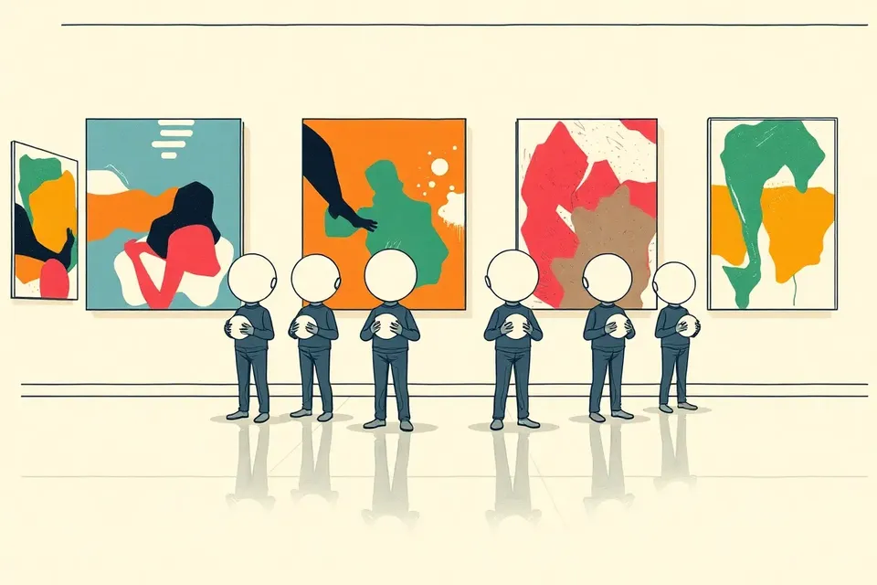 Wide view of an art gallery with abstract paintings. Small anonymous figures with large heads hold stress balls, standing still before the artwork. Soft light and shadows on the floor.