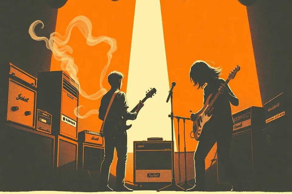 A guitarist plays intensely in a dark, hazy venue, surrounded by amplifiers and a single spotlight.