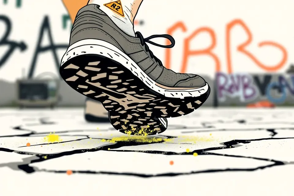 A close-up of a running shoe sole on cracked pavement, with green matcha powder scattered around, set against a blurred graffiti wall.