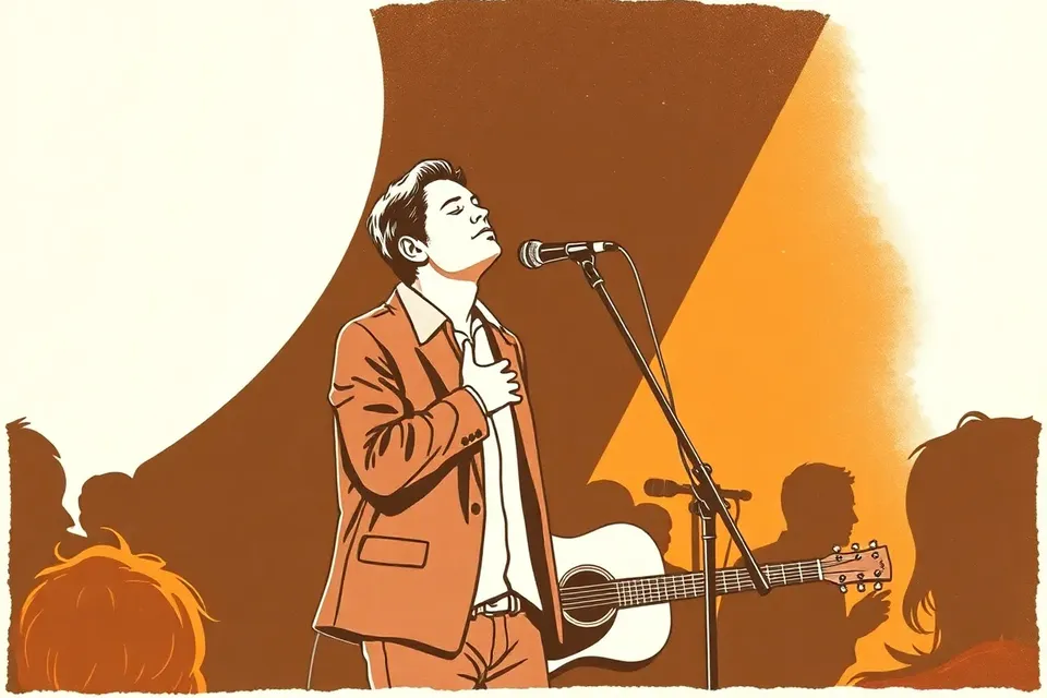 A stylized illustration of a singer performing an emotional ballad on stage, with eyes closed and hand on chest, in a dimly lit livehouse with a spotlight and a guitar nearby.
