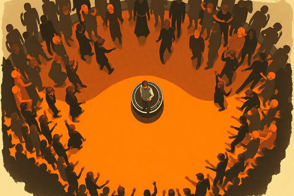 An overhead view of a nightclub scene with a circular crowd around a central DJ booth, figures with raised arms and reflective puddles on the floor.