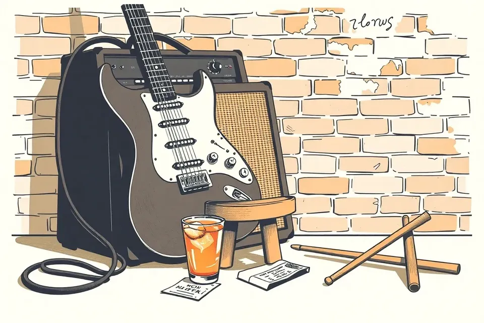 A still life illustration of a guitar, amplifier, iced tea, ticket stub, and drumsticks against a brick wall, evoking a live music venue.