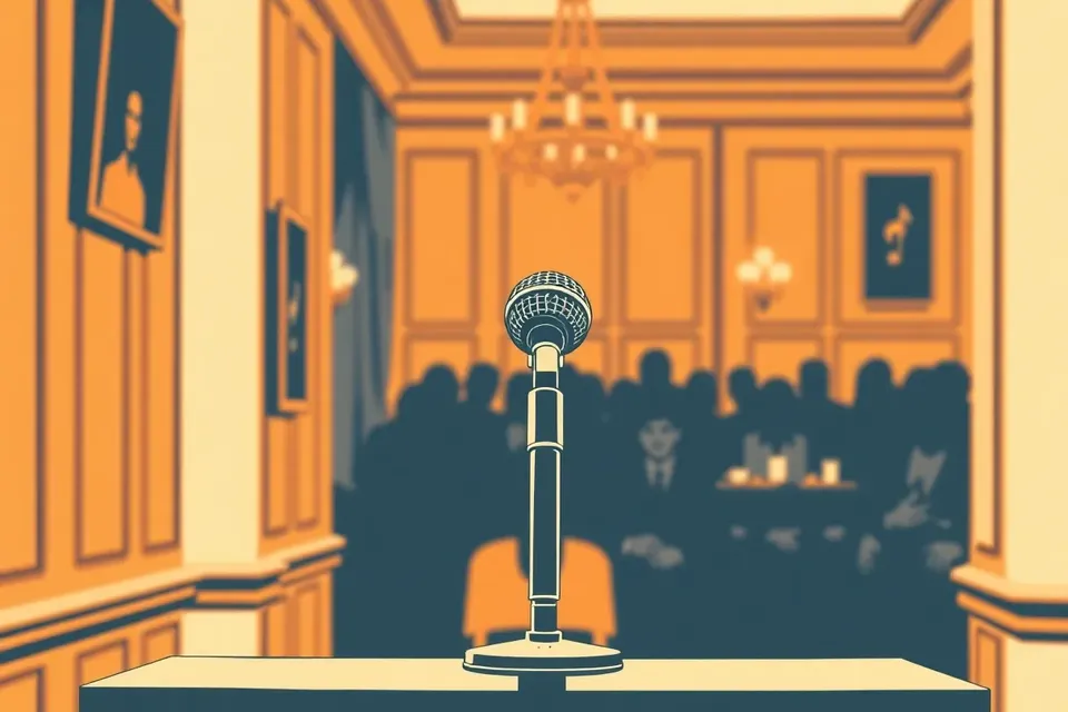 A close-up of a microphone on a podium in a dimly lit room, with blurred silhouettes of an audience and warm wood-paneled walls.