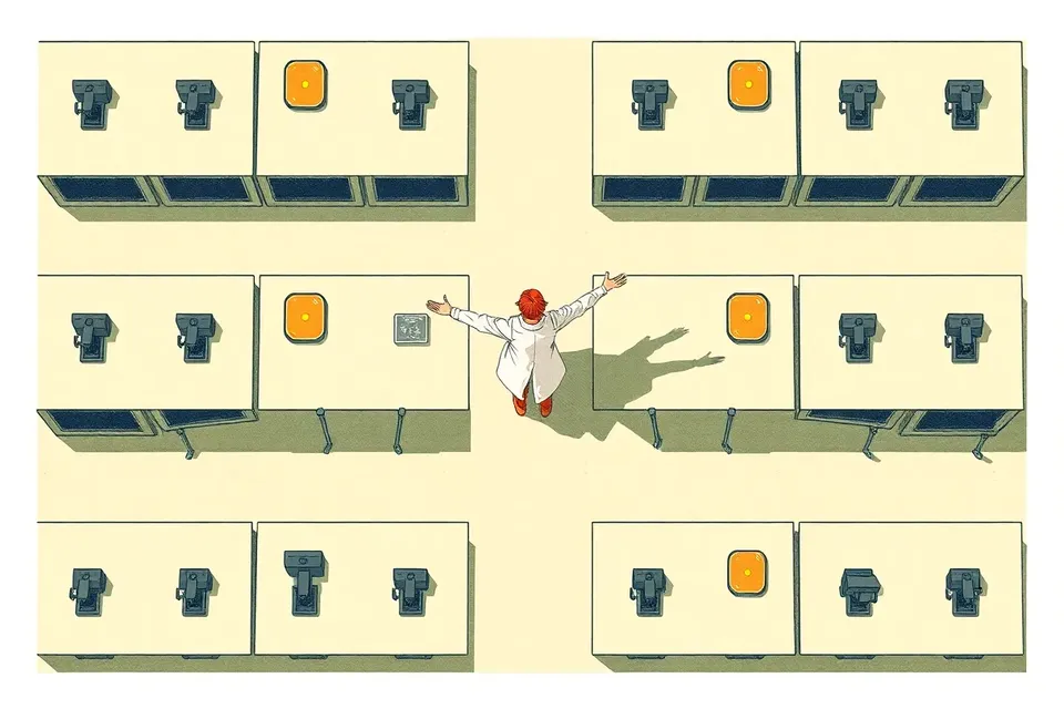 An overhead view of a laboratory with a grid of benches, each with a petri dish, microscope, and radiation symbol. A single figure in a white coat stands in the center, arms outstretched, casting a shadow over the grid.