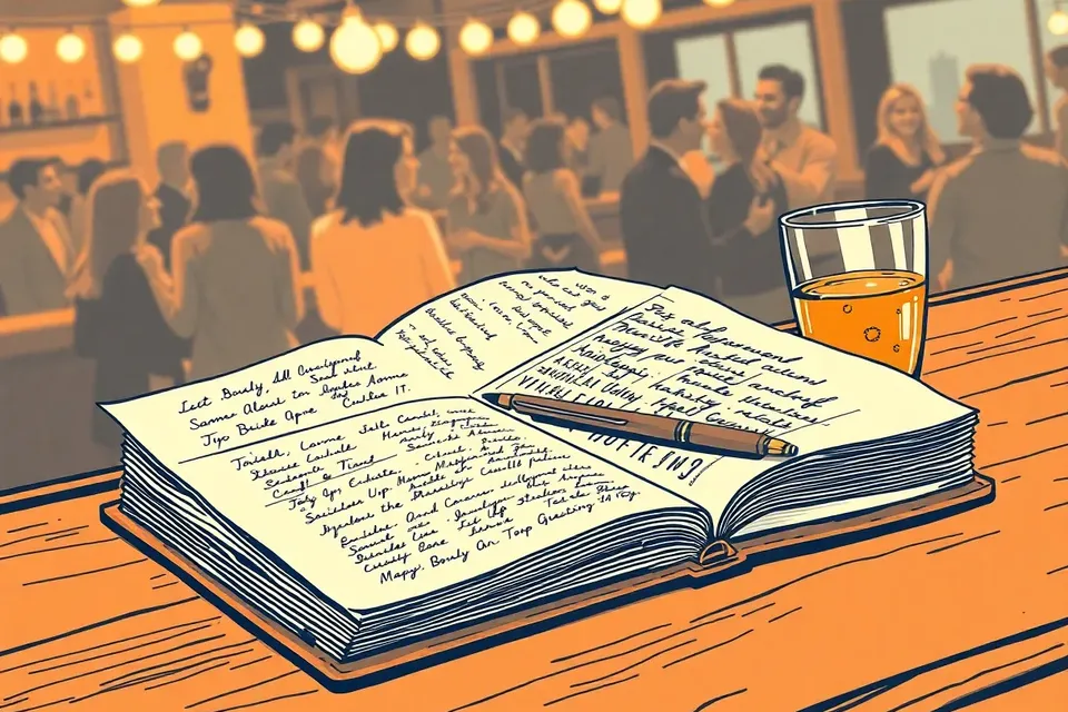 An open guestbook with handwritten entries and a pen on a wooden bar, with a glass of amber drink nearby and blurred figures socializing in the background under warm lights.