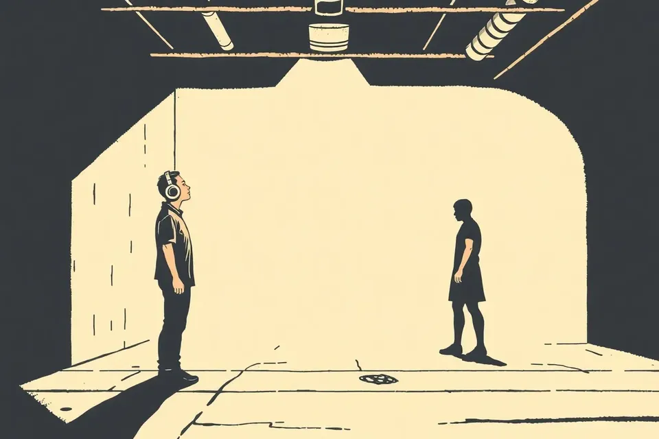 A person with headphones stands in a dark industrial space, hand raised, with a blue light reflecting on the concrete floor and another blurred figure in the background.