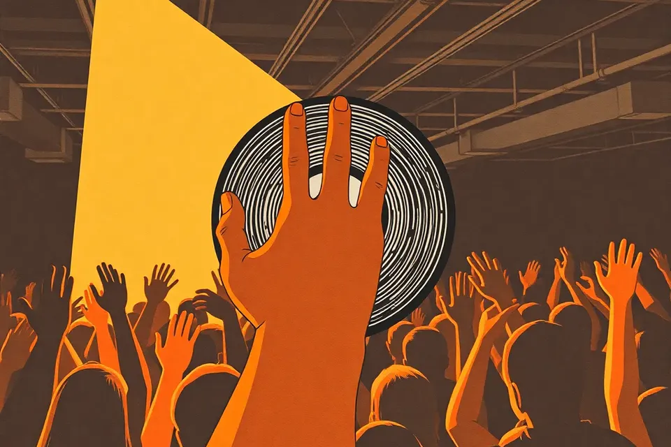 A hand holding a vinyl record in a spotlight, with a silhouetted crowd raising hands in a dark industrial venue.