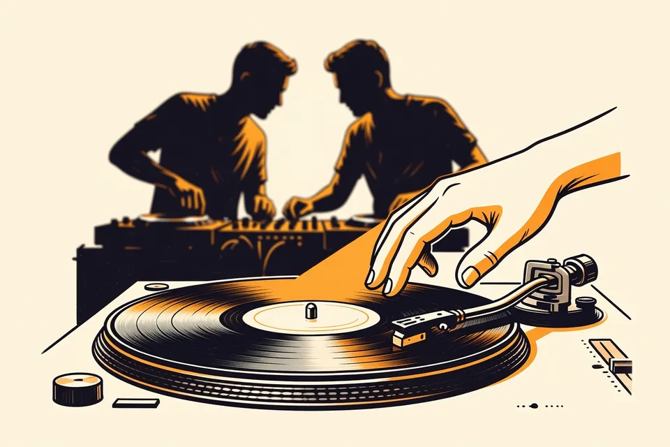 Close-up of a vinyl record on a turntable with a hand reaching for the needle; blurred silhouettes of two DJs in the background.