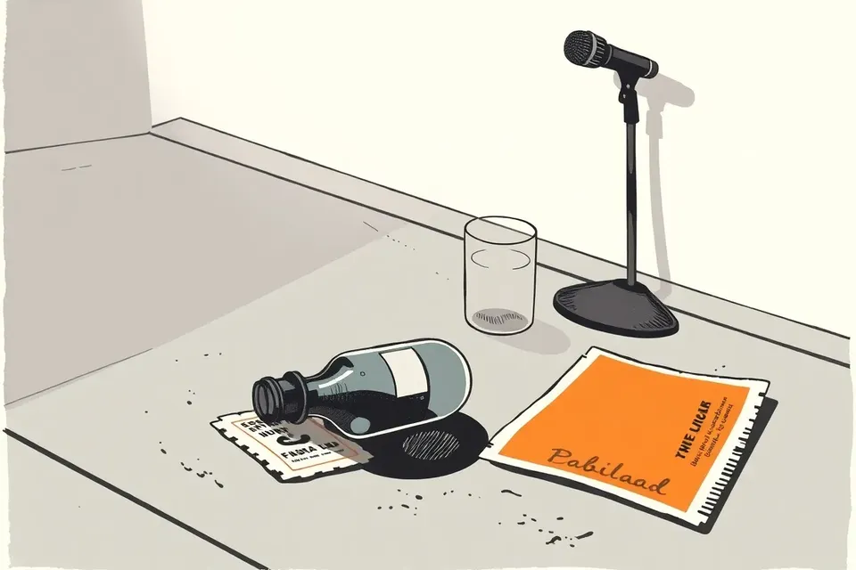 A still life of a ticket stub, a bottle, and a crumpled poster on a concrete floor, with a stage light beam and microphone stand shadow.
