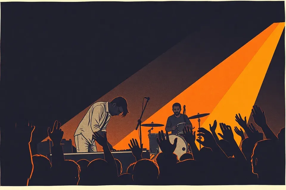 A stylized illustration of a guitarist adjusting pedals on stage, with a drummer's stick caught in a beam of light, and a dark crowd silhouette in the foreground.