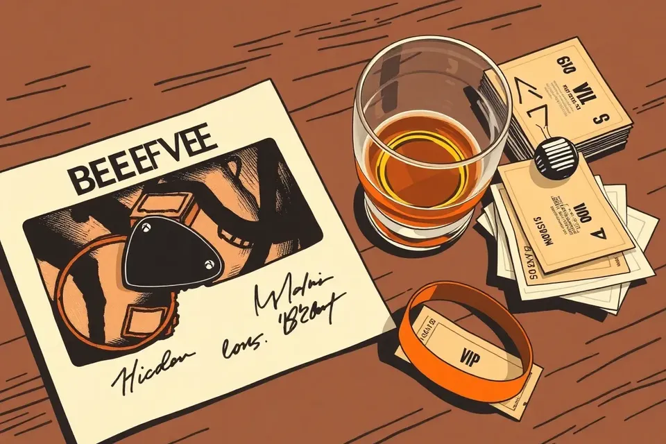 A still life arrangement on a dark wooden table: a guitar pick on a signed poster, a VIP wristband, a glass of amber drink with condensation, and an unlit stage light bulb beside ticket stubs.