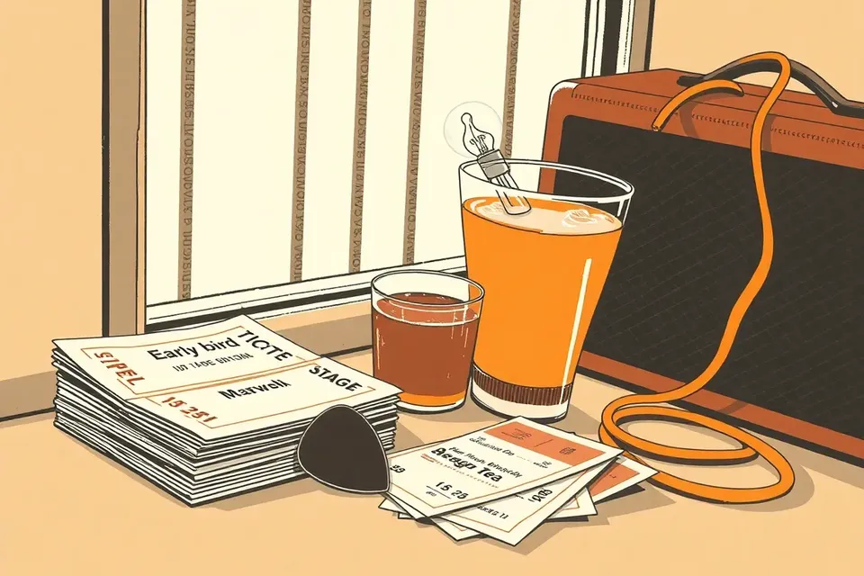 A still life arrangement with a guitar pick, ticket stubs, iced tea, an unlit stage light bulb, and an amplifier cord, with a skywalk railing visible through a window.