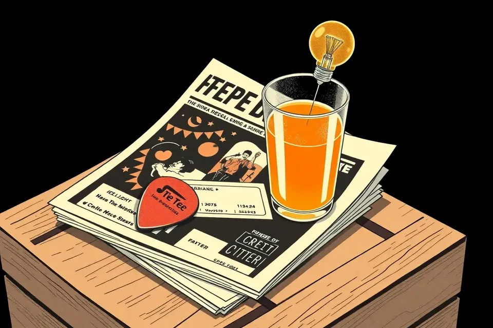 A still life arrangement on a wooden crate: a guitar pick on top of a stack of posters, a sweating glass of iced tea next to a ticket stub, and an unlit stage light bulb leaning against the posters.