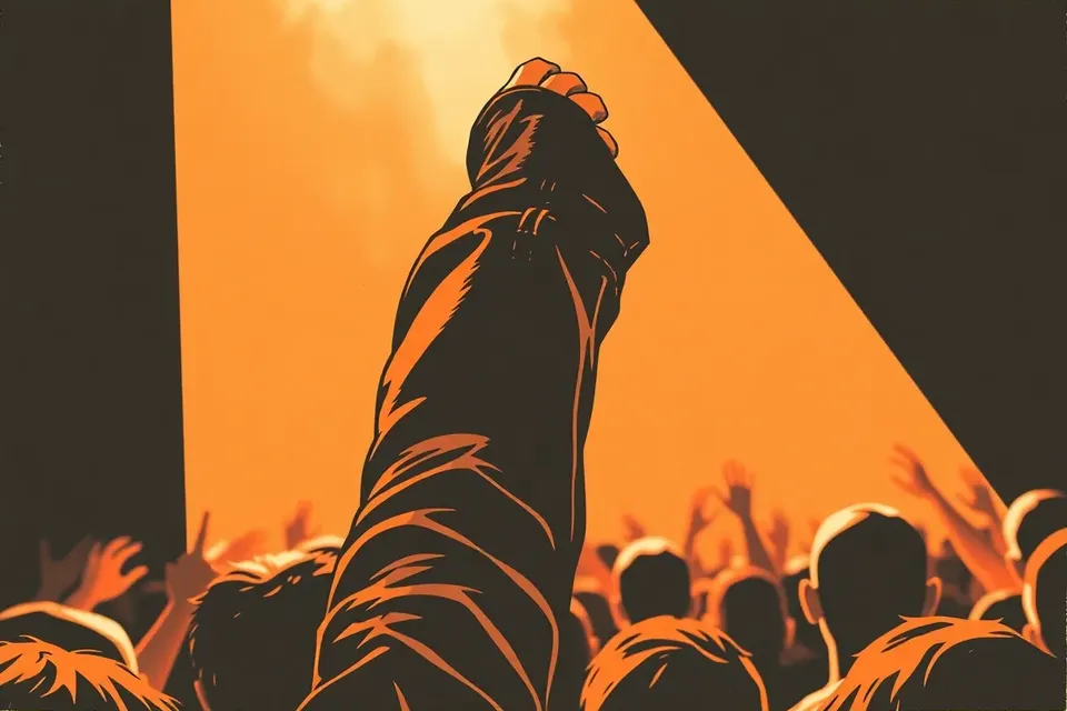 A close-up of a black leather jacket sleeve raised in a crowd, with blurred silhouettes and warm stage lighting in the background.