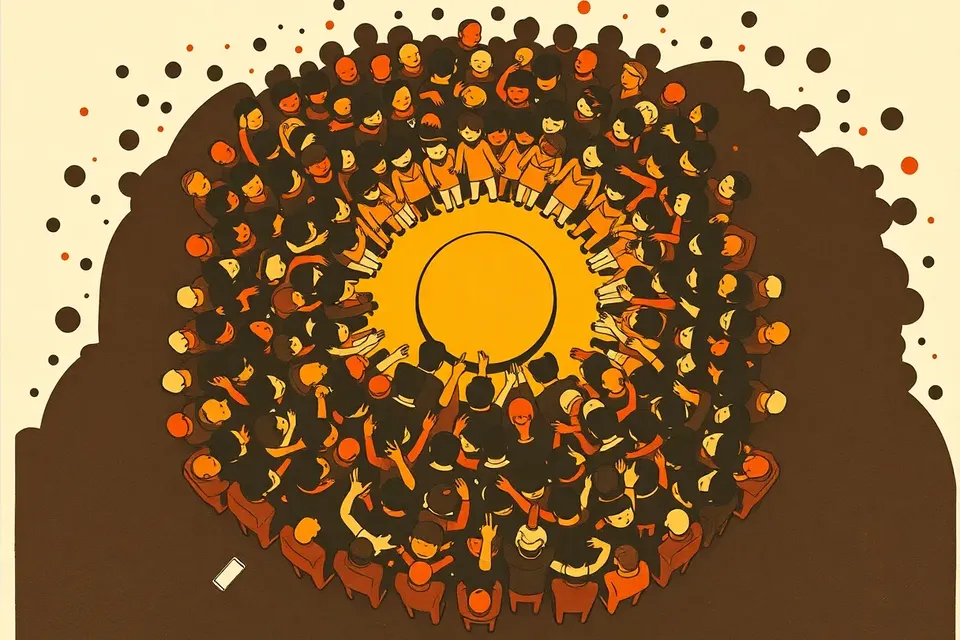 An overhead illustration of a concert crowd surrounding a small, illuminated stage, with abstract shapes on the floor and varied figures creating a dynamic pattern.