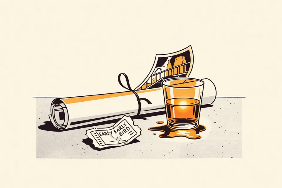 A still life arrangement on a dark concrete floor: a crumpled ticket stub, a rolled poster with a black ribbon, a half-empty glass of amber liquid, and a stage light reflection in a puddle, with a metal railing in the background.