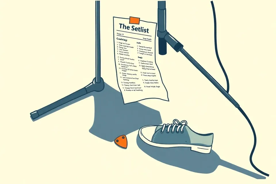 Close-up of a microphone stand with a taped setlist, stage light shadow, and a guitar pick on the floor near a sneaker.