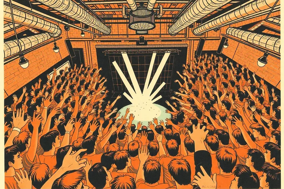 An overhead illustration of a lively concert crowd with mullet hairstyles, surrounding a glowing stage in an industrial venue, with hands raised and abstract light beams.