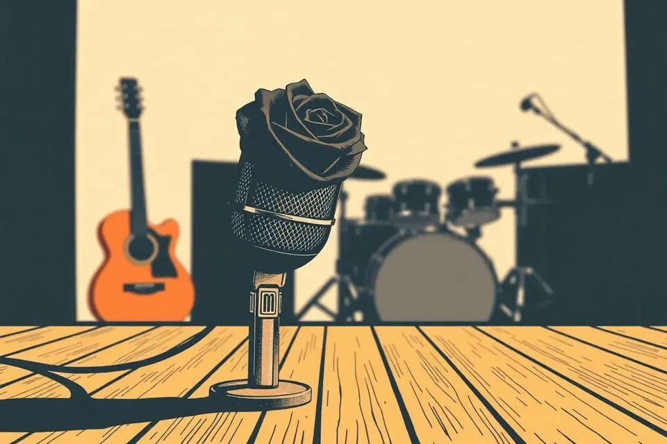 Close-up of a vintage microphone on a stage, entwined with a black rose under dim purple lighting. Blurred musical instruments in background.