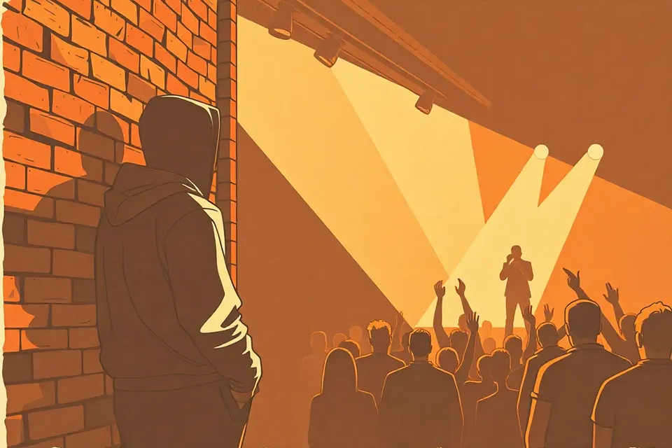 A stylized illustration of a person in a hoodie leaning against a brick wall in a dark livehouse, with another figure on stage gesturing, evoking a tense musical battle atmosphere.