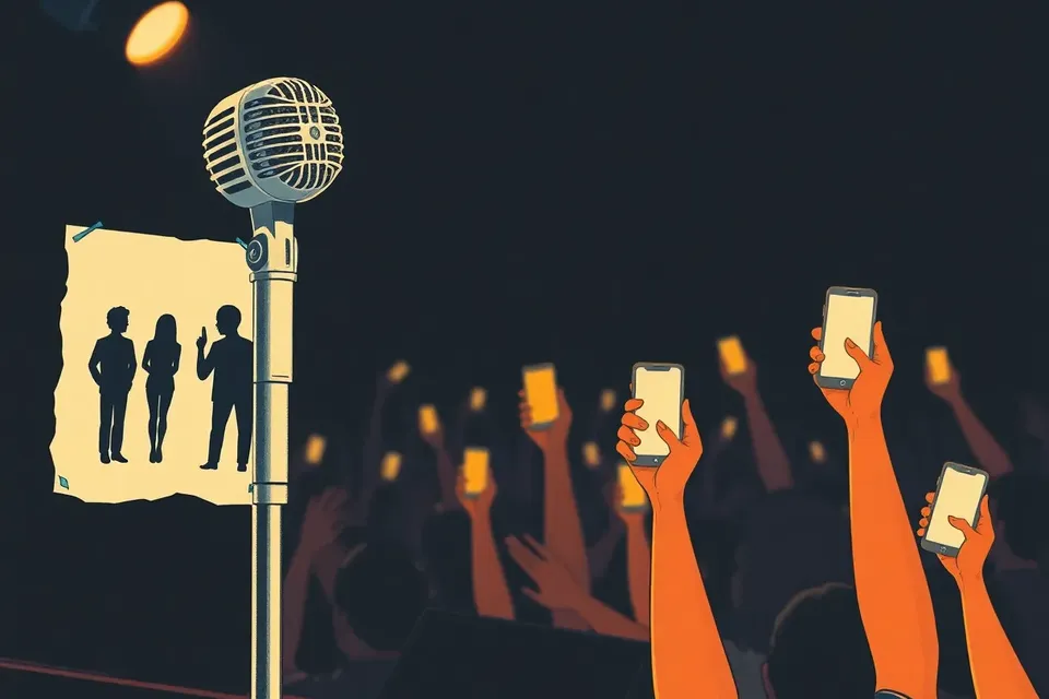 Close-up of a microphone stand on stage with a red spotlight, a crumpled poster with two silhouettes taped to it, and blurred crowd with raised phones in the background.