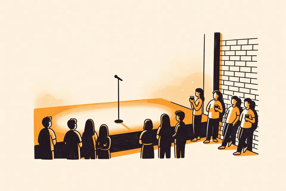 A wide shot of a dimly lit live music venue with a stage lit by warm amber lights, a microphone stand center stage, and small silhouettes of early attendees scattered near the stage and along the brick walls.