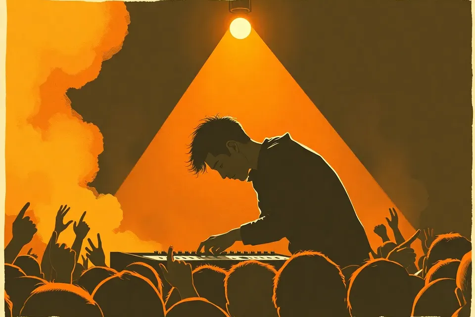 A stylized illustration of a DJ or sound engineer at a mixing console in a dark, smoky livehouse, with a silhouetted crowd raising their hands in the foreground, lit by purple and blue stage lights.