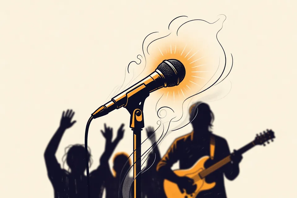 Close-up of a microphone on stage with smoke and blurred audience silhouettes, evoking a live music performance.