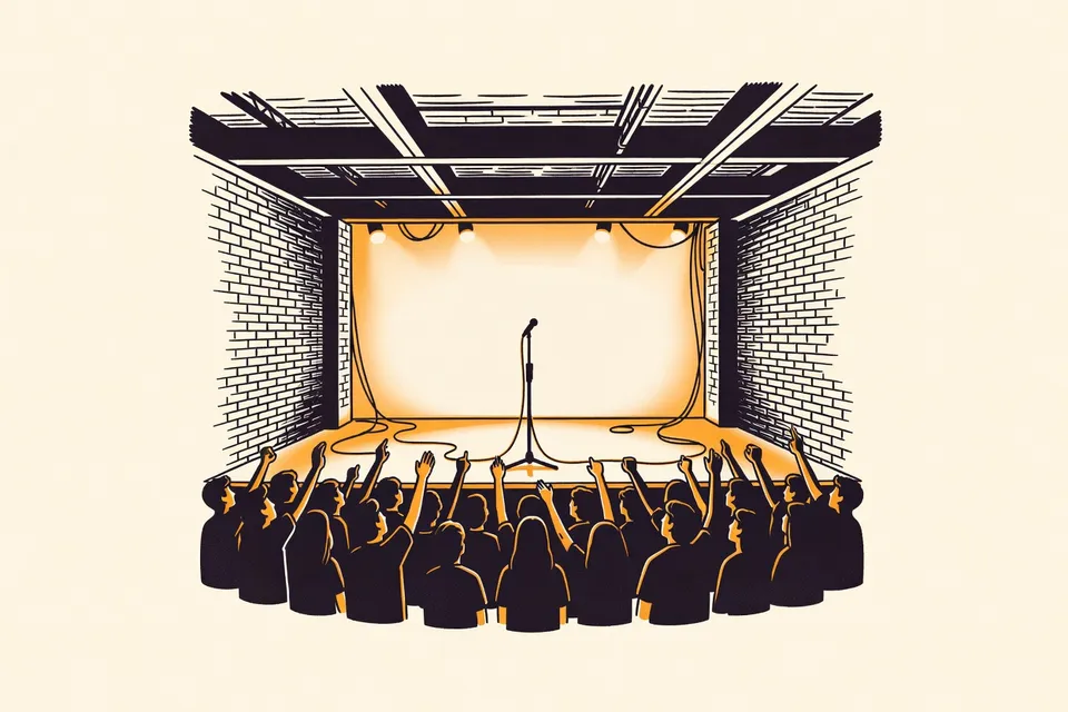 A wide view of a live music venue with a lit stage and microphone stand, surrounded by a crowd of silhouetted figures with raised arms, under an industrial ceiling with exposed brick walls.