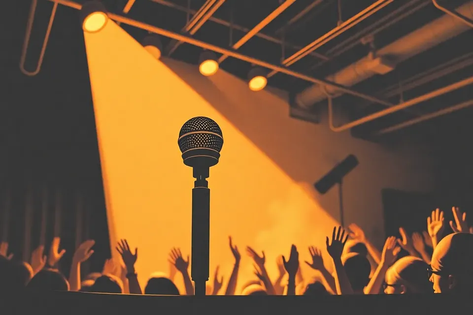 A close-up of a microphone on stage, with blurred audience hands raised in the background, set in an intimate, industrial live music venue.