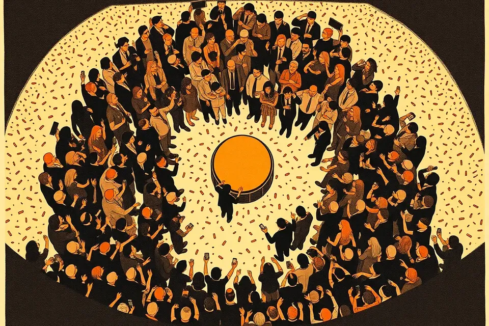 An overhead view of a concert crowd in a circular formation, with raised arms and phones, a spotlighted stage in the center, and confetti on the floor.