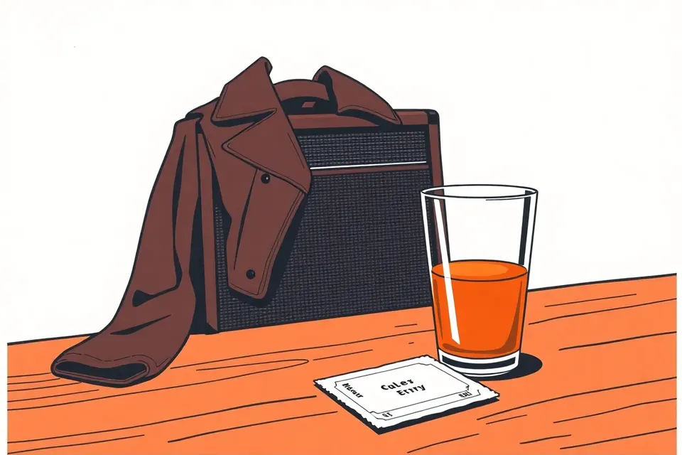 A still life arrangement on a wooden bar top: a leather jacket on an amplifier, a glass of amber liquid lit by a stage light, and a crumpled ticket stub. A microphone stand is reflected in the glass.