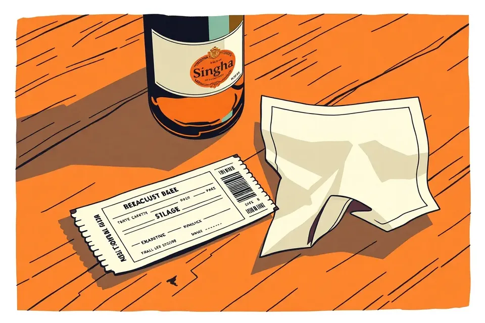 A still life with a bus ticket stub, a half-empty Singha beer bottle, and a crumpled poster on a wooden table, lit by a faint stage light.