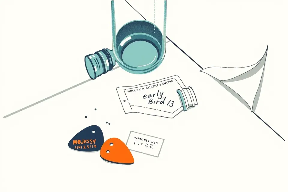 A still life scene with a guitar pick and ticket stub on a concrete floor, a glass bottle lit by a stage light, and a peeling poster on the wall.